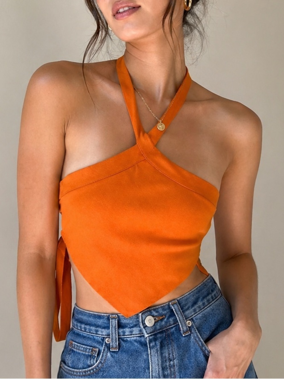 🍒 PRINCESS POLLY NWOT Bright Orange Halter Y2K Bandana Crop Top Cross Back S/M